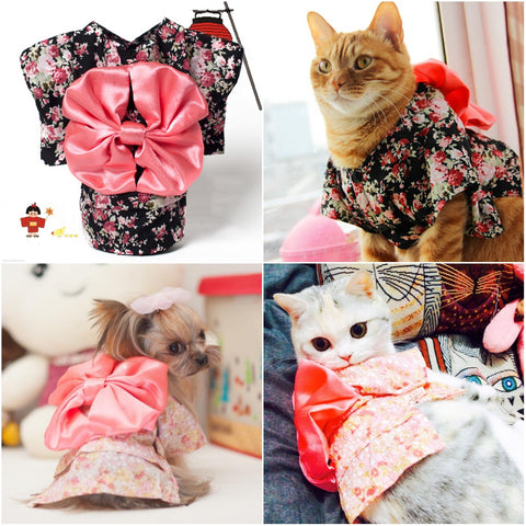 Japan Style Pet Cat Kimono small flower pet clothes dog cat kimono with Big bowknot Dress up necessary For Small Dog Cat