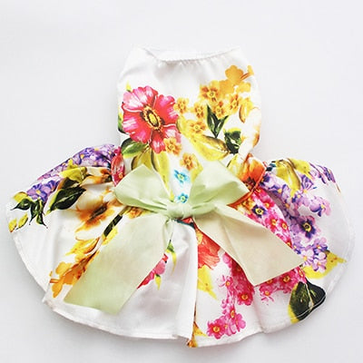  Girl Dog Pet Floral&Bow Dress Tutu Cat Puppy Shirt Skirt Dresses Summer Apparel 4 Colours